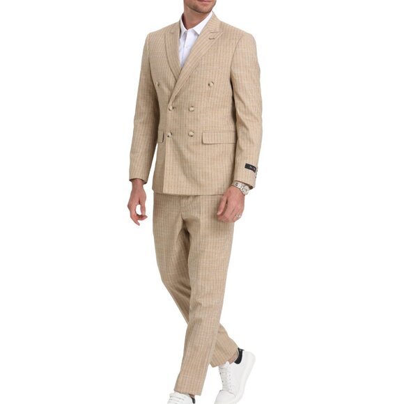 Khaki Double Breasted Pinstripe Sharkskin Skinny Fit Men's Suit